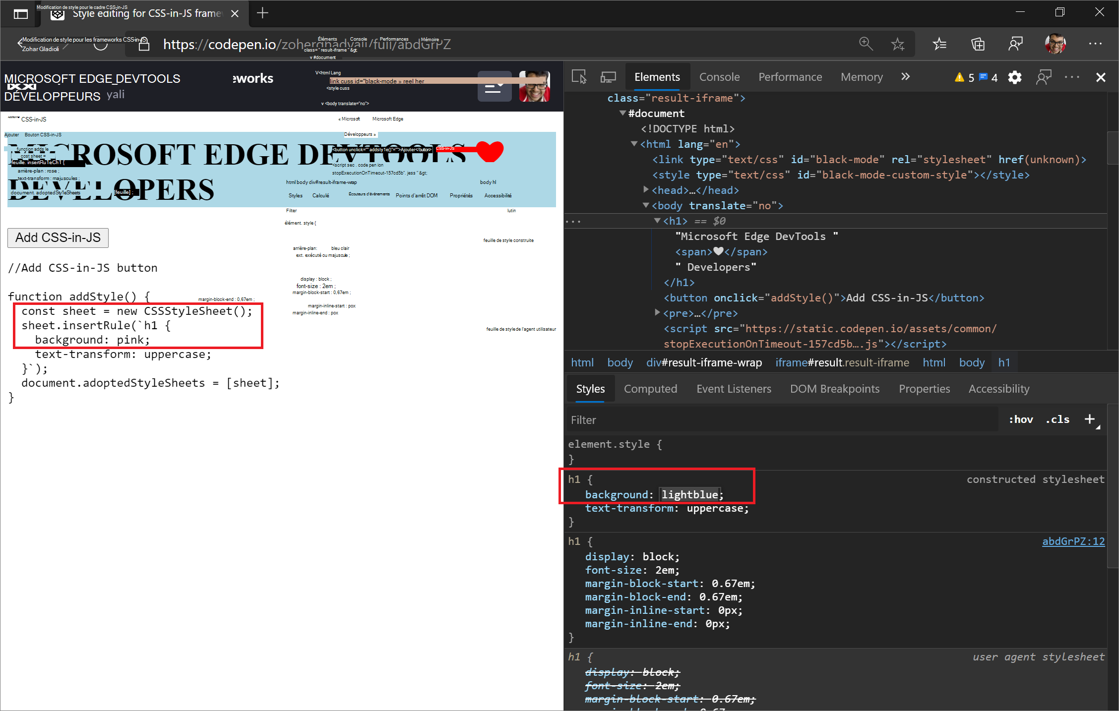 Modification de la propriété d’arrière-plan des styles h1 ajoutés avec « CSSStyleSheet » de « rose » à « lightblue »