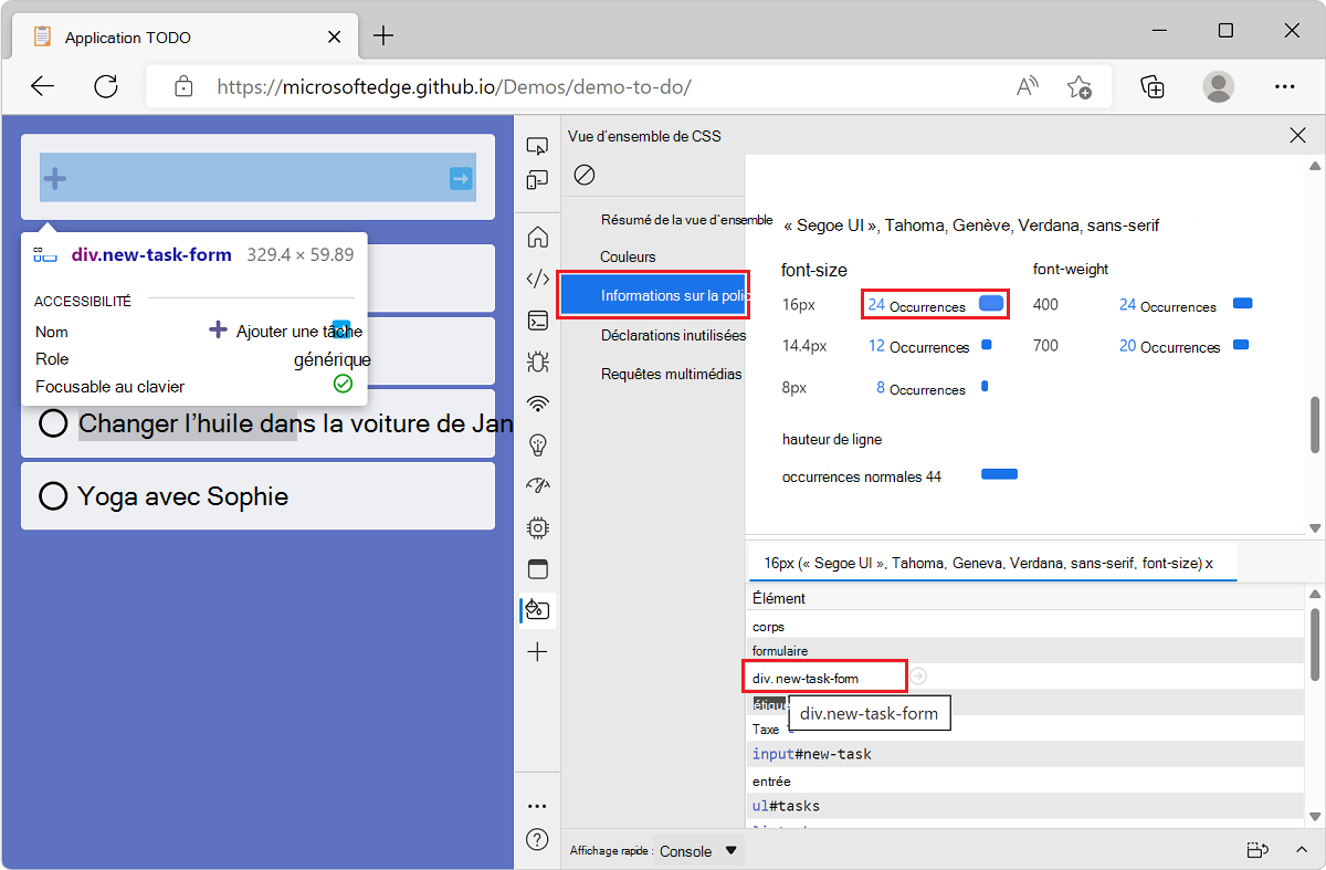 Microsoft Edge, avec l’application de démonstration toDO list et DevTools, montrant la liste des éléments pour une taille de police donnée et un élément mis en surbrillance au pointage