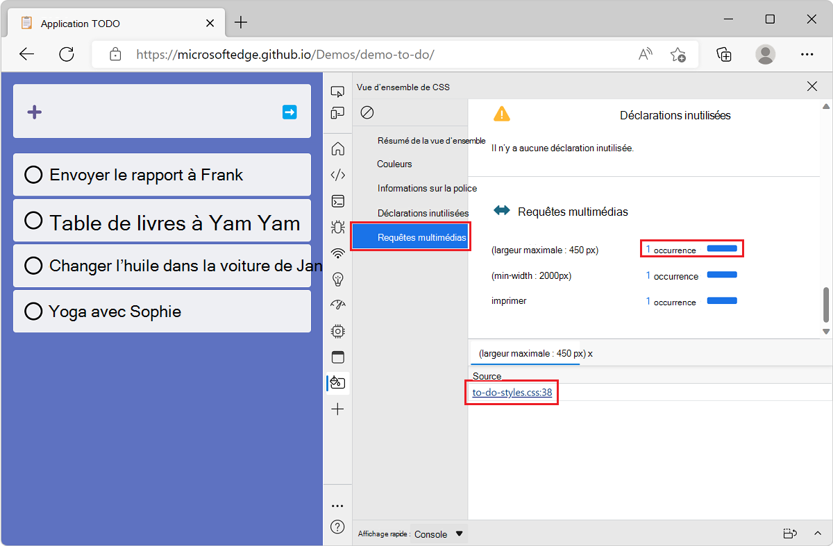 Microsoft Edge, avec l’application de démonstration liste des tâches et DevTools, montrant la section requêtes multimédias de l’outil Vue d’ensemble et la liste des fichiers qui contiennent une requête multimédia donnée