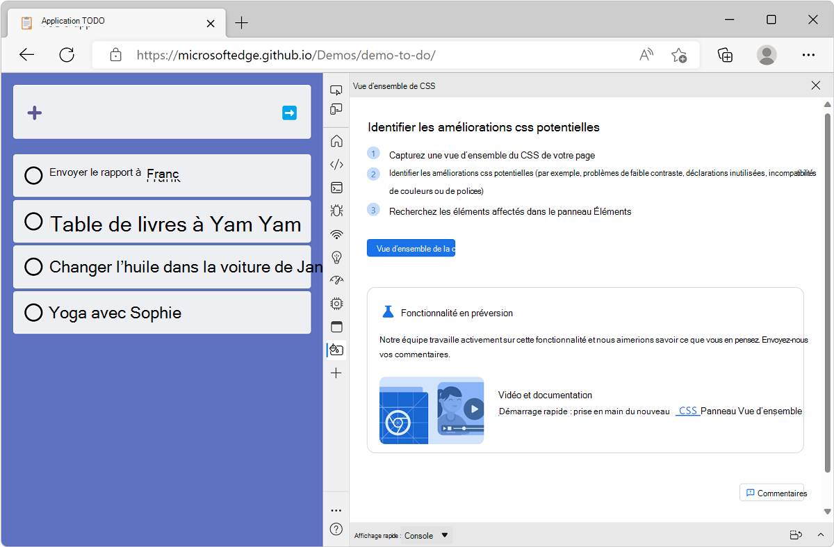 Microsoft Edge, avec l’application de démonstration liste todo et DevTools à côté de celle-ci, affichant l’écran d’accueil vue d’ensemble css