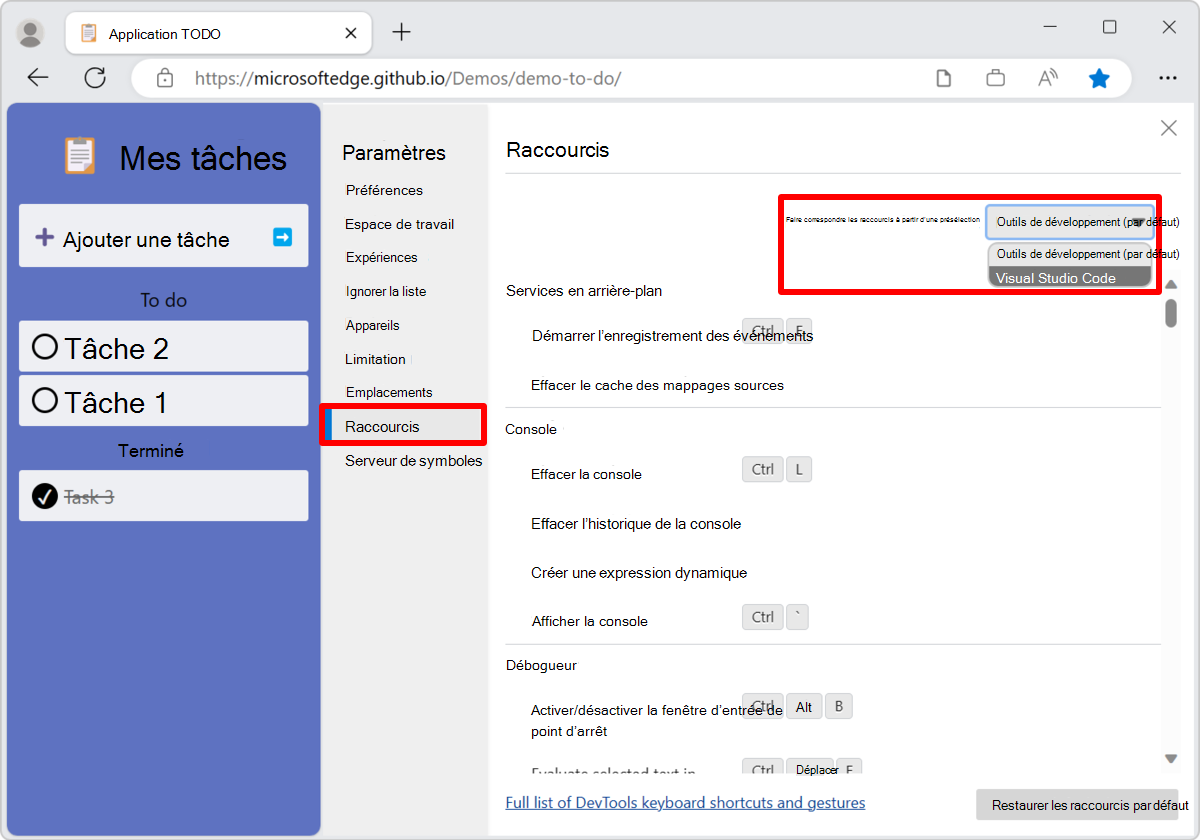 Correspondance des raccourcis clavier dans DevTools à Visual Studio Code