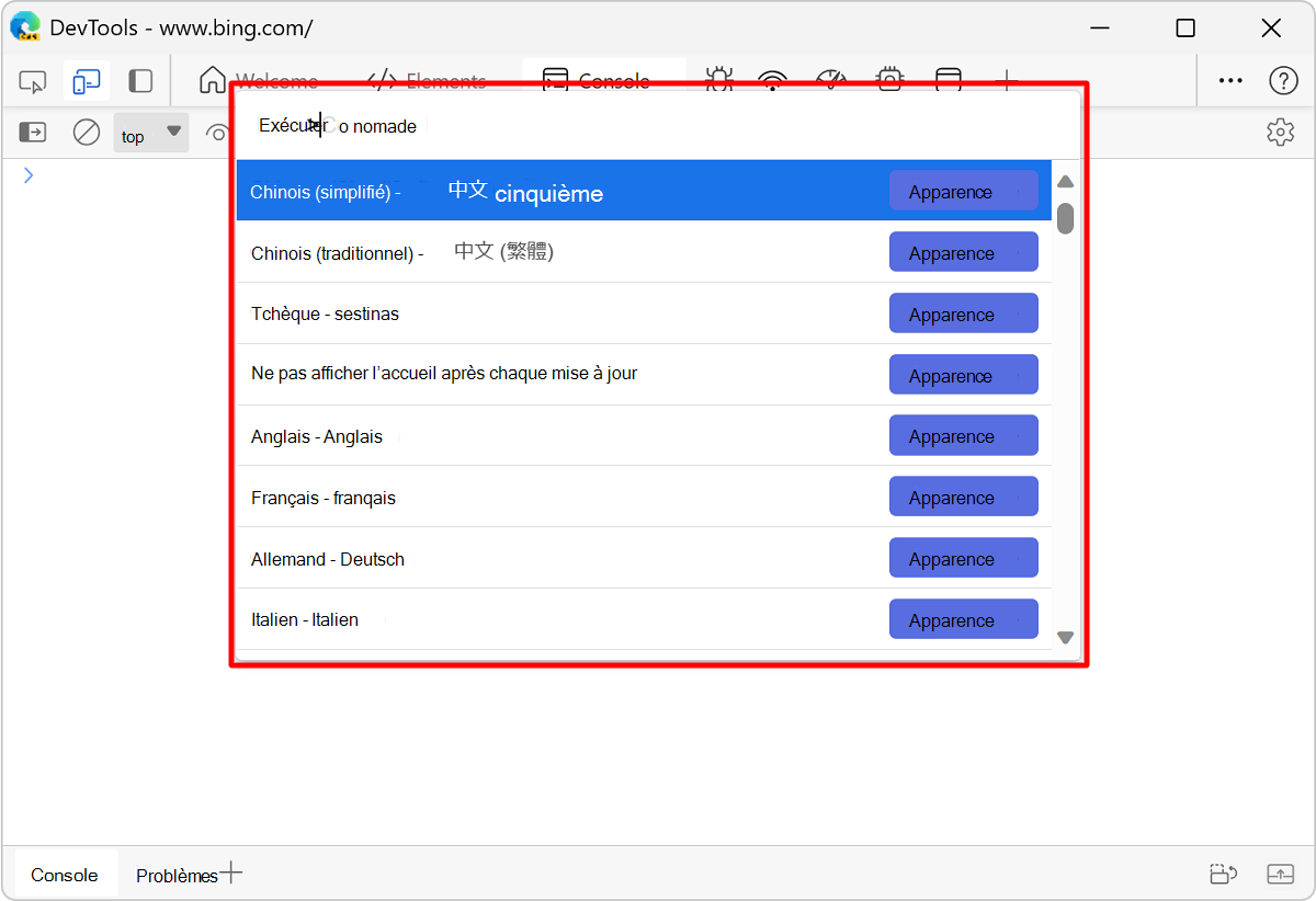 Menu de commandes