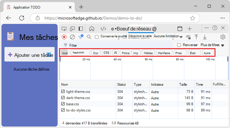 Utilisation des filtres Type pour afficher les ressources JS, CSS et Document