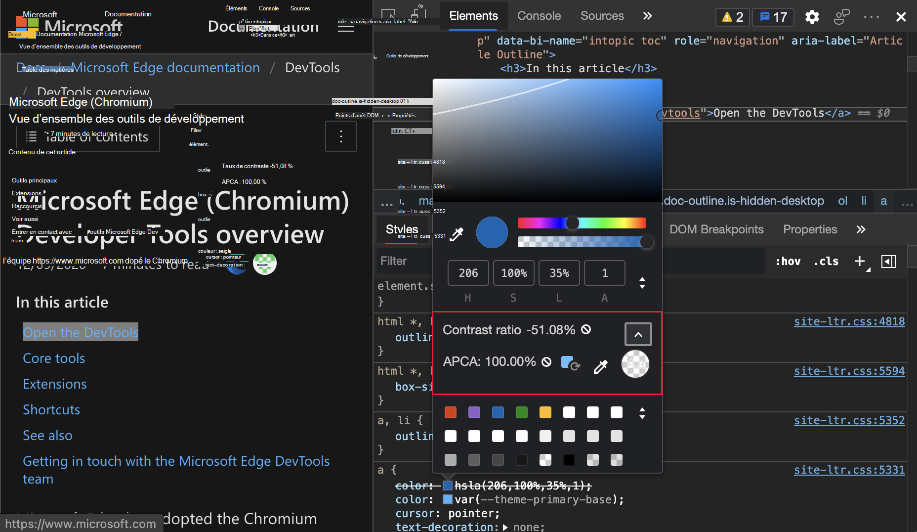 APCA dans le sélecteur de couleurs
