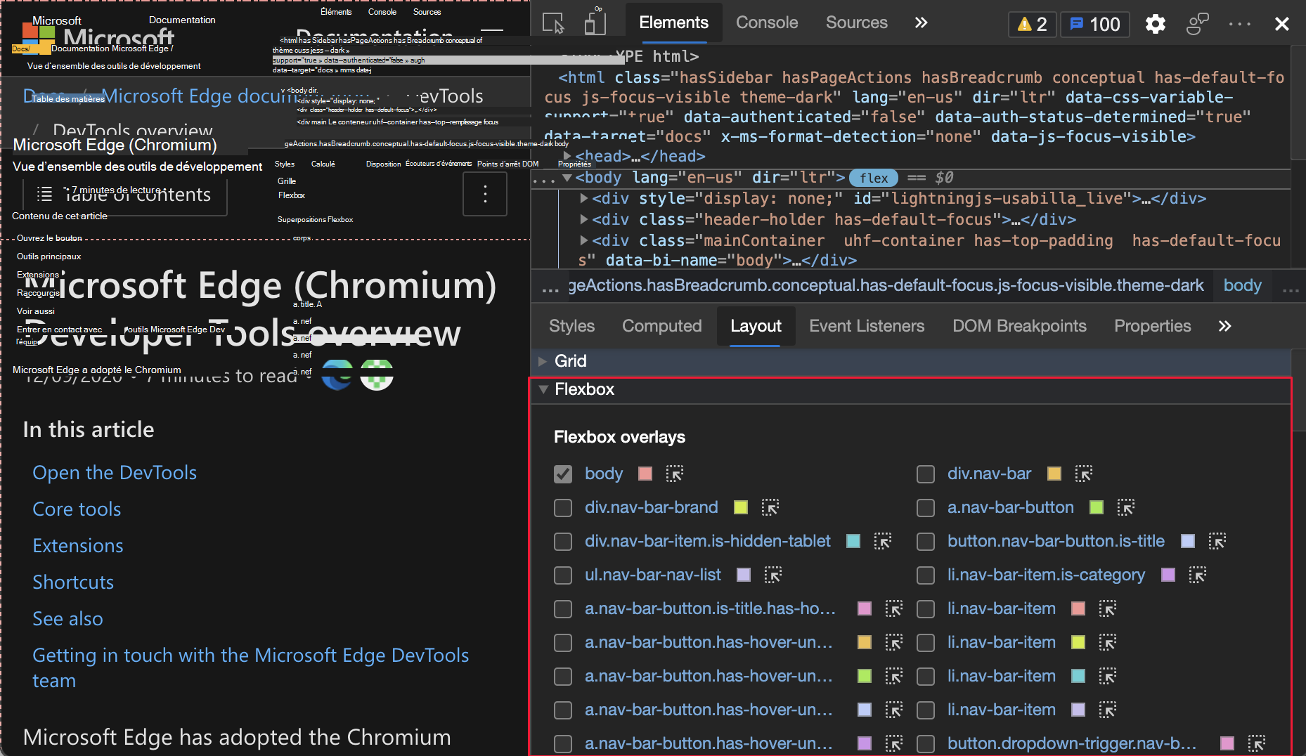 Superpositions Flexbox mises en surbrillance dans le volet Disposition