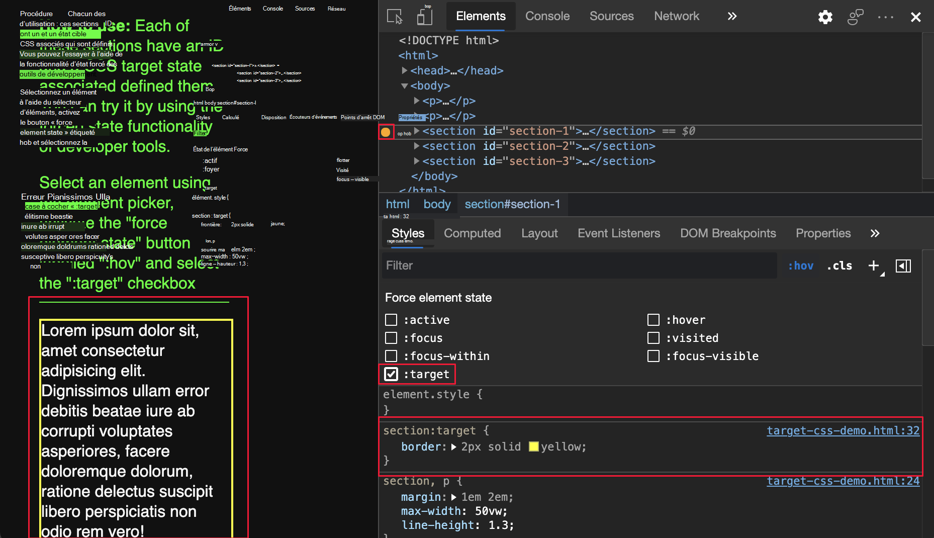 :cible CSS forcée et page web mise en surbrillance