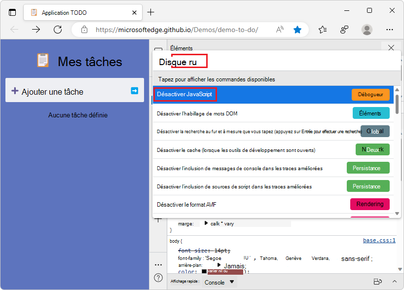Utilisation du menu de commandes pour sélectionner Désactiver JavaScript