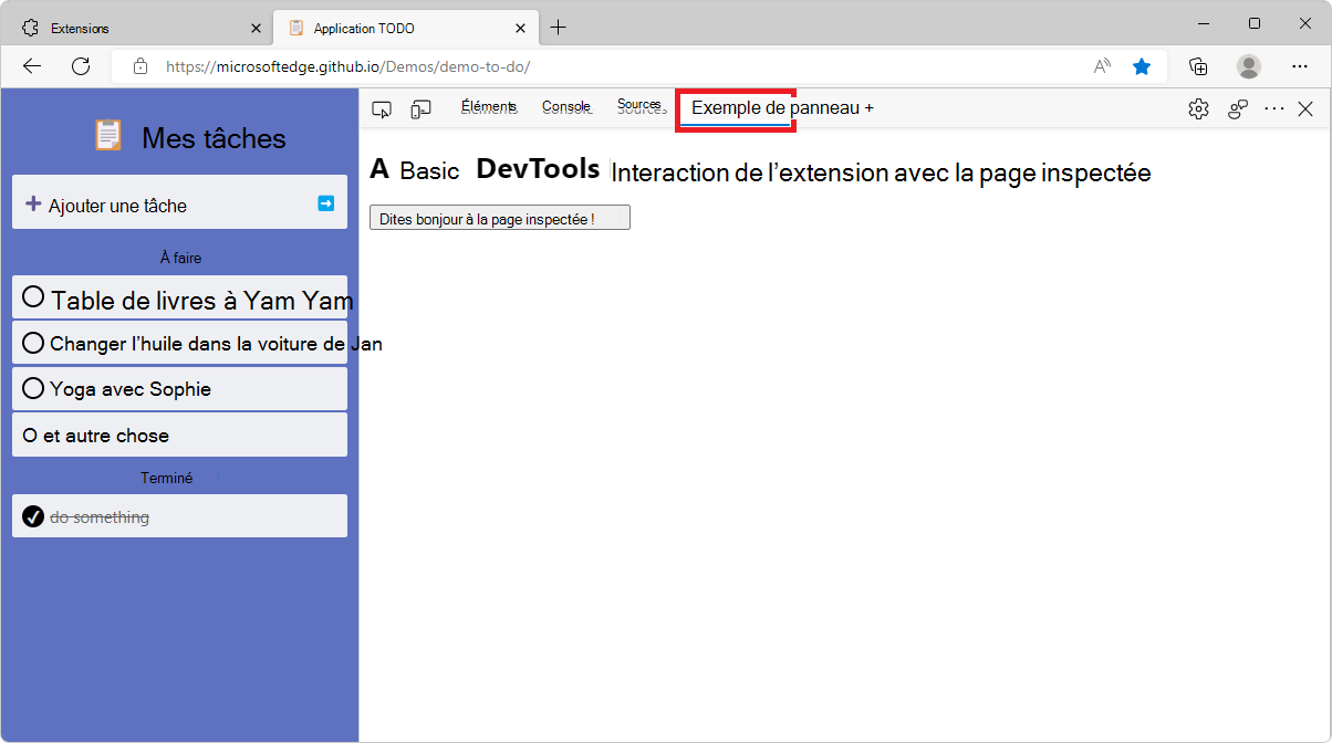 Microsoft Edge, montrant DevTools sur le côté, avec l’exemple de panneau de l’extension sélectionné
