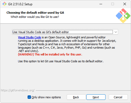 programme d’installation git avec Visual Studio Code sélectionné comme éditeur par défaut
