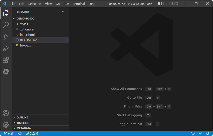 Dossier d’exemple de démonstration ouvert dans Visual Studio Code
