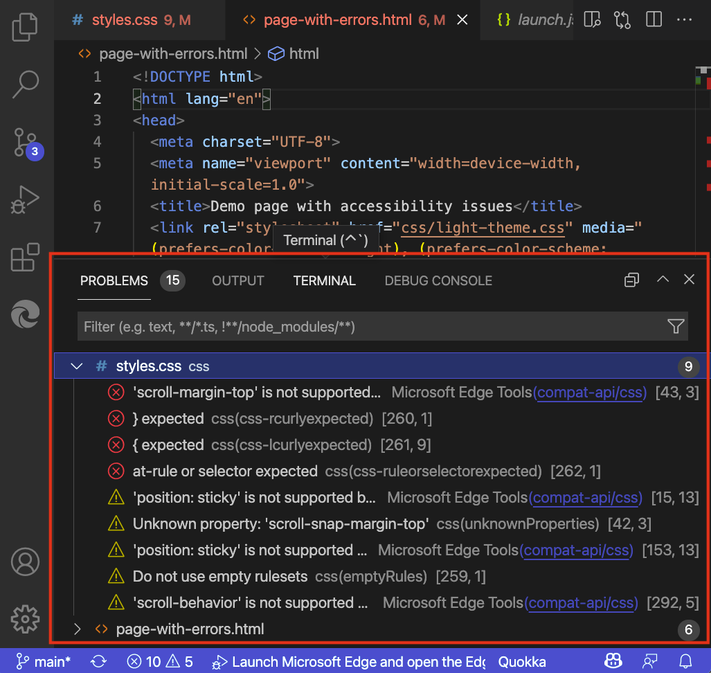 L’onglet Problèmes dans le volet inférieur de Visual Studio Code, répertoriant tous les problèmes détectés dans les fichiers du projet