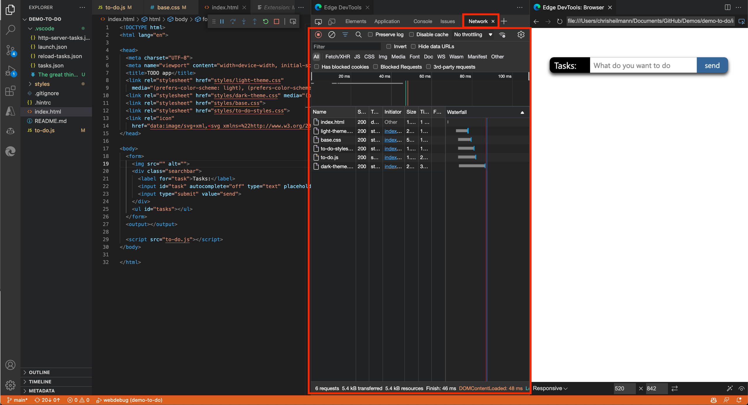 L’outil Réseau à l’intérieur de l’extension Edge DevTools for Visual Studio Code