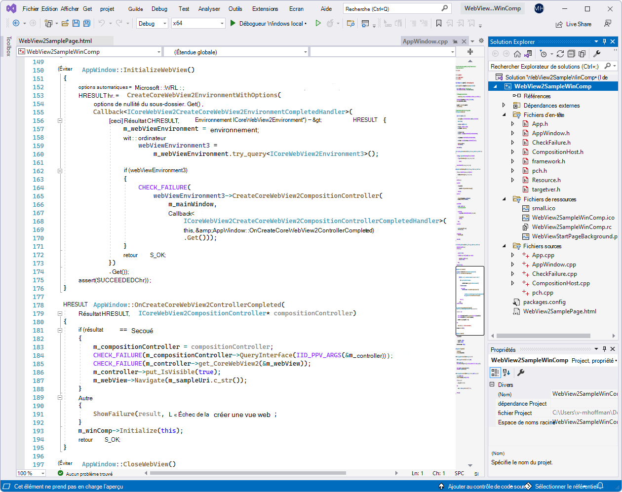 Projet WebView2SampleWinComp dans Visual Studio
