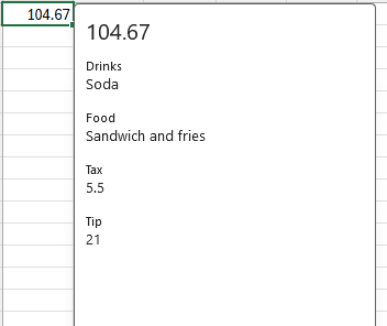 Type de données carte montrant les valeurs des propriétés des boissons, des aliments, des taxes et des pourboires.