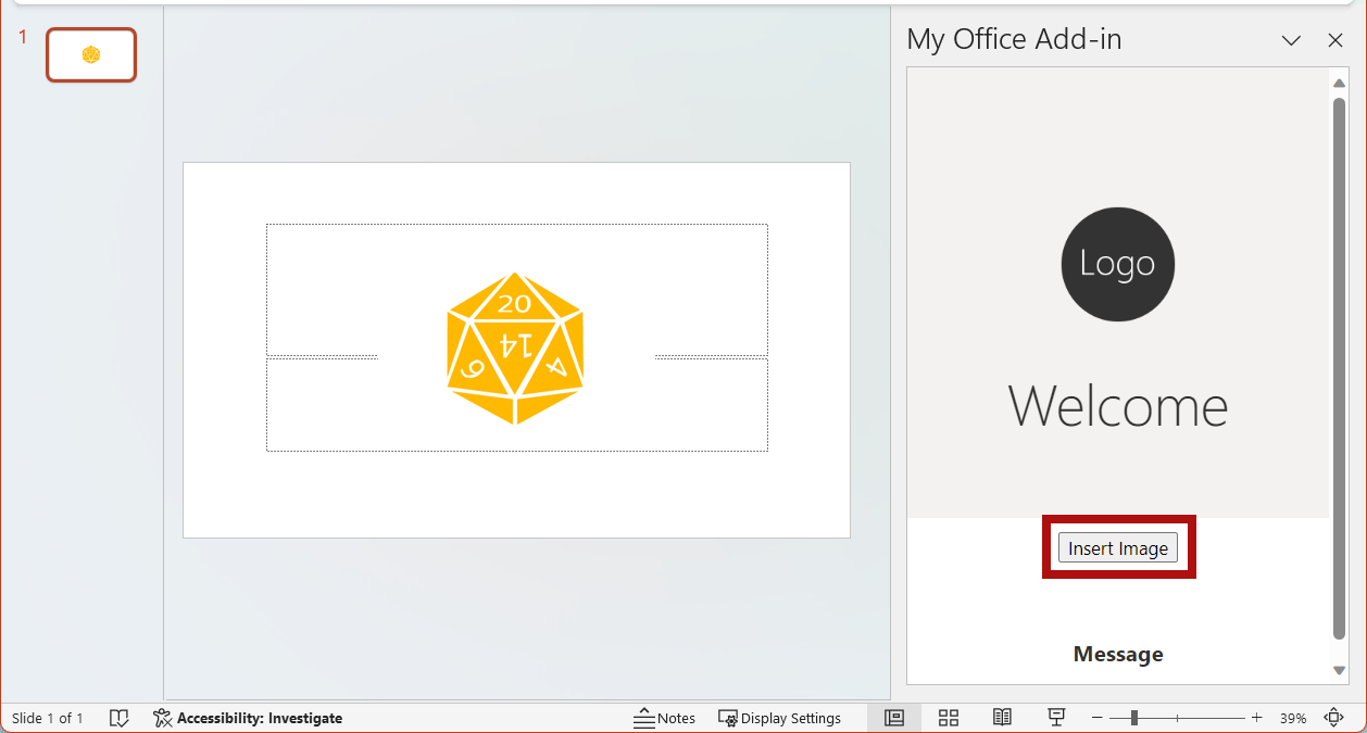 Le complément PowerPoint avec le bouton Insérer une image en surbrillance.