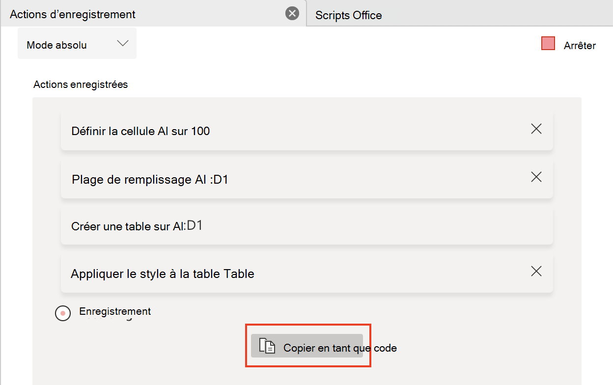 Volet Office de l’enregistreur d’actions avec le bouton « Copier en tant que code » mis en évidence.