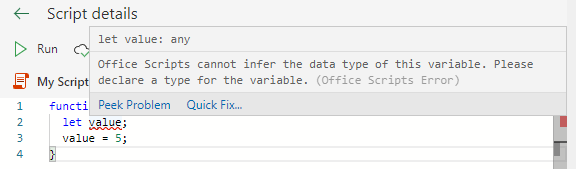 Message implicite « any » dans le texte de pointage de l’éditeur de code.
