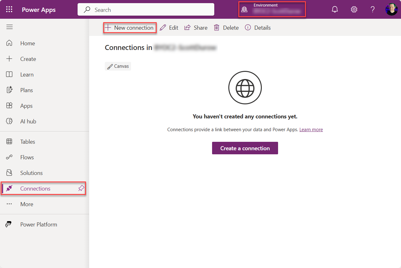 + Nouvelle connexion dans Power Apps