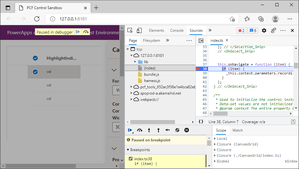 Canvas Data Grid Debug onNavigate dans index.ts