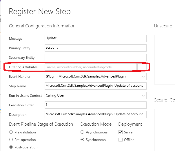 Étape d’inscription de plug-in avec des attributs de filtrage.