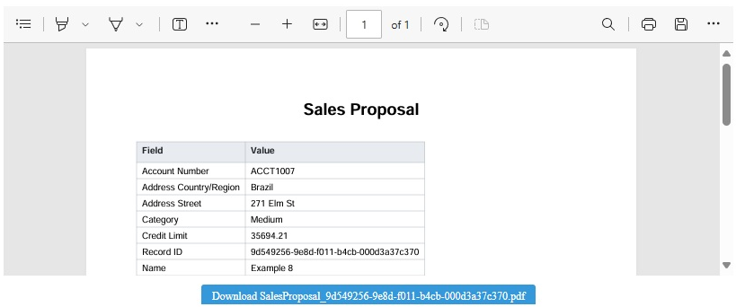 Exemple de composant PCF de l’interpréteur de code montrant le document de proposition de vente PDF généré