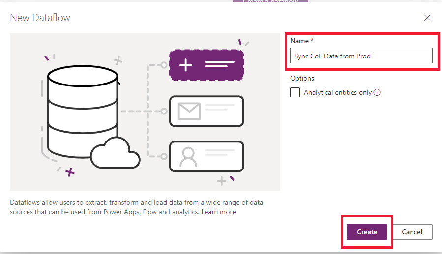 Capture d’écran de la nouvelle boîte de dialogue dataflow invitant à entrer un nom de flux de données.