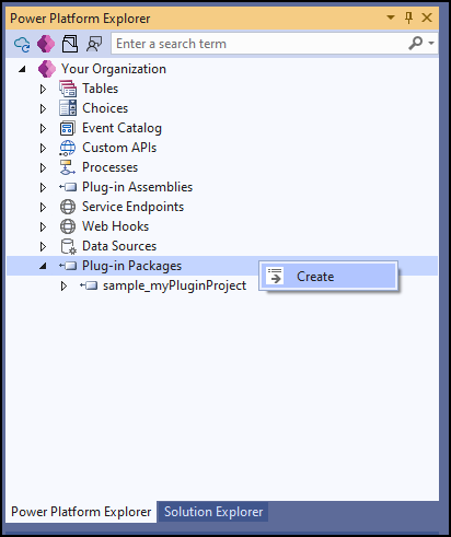 Au sein de Power Platform Explorer, sélectionnez Packages de plug-in, puis sélectionnez Créer depuis le menu contextuel.