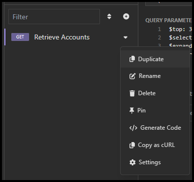 Capture d’écran du menu déroulant avec l’option Dupliquer pour une requête dans Insomnia.