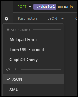 Capture d’écran de la liste déroulante de l’onglet Corps avec JSON sélectionné dans le groupe texte.
