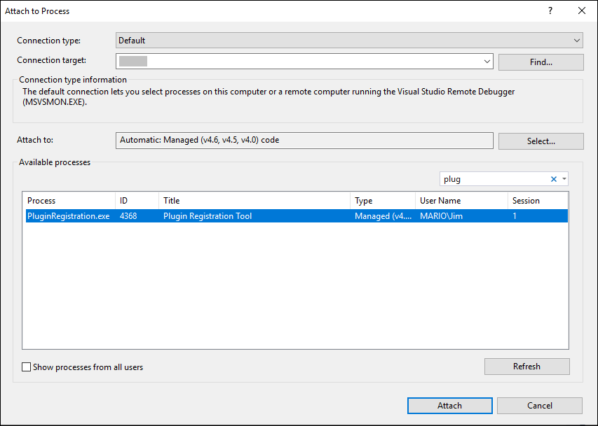 Attacher Visual Studio à la fenêtre de dialogue du processus.