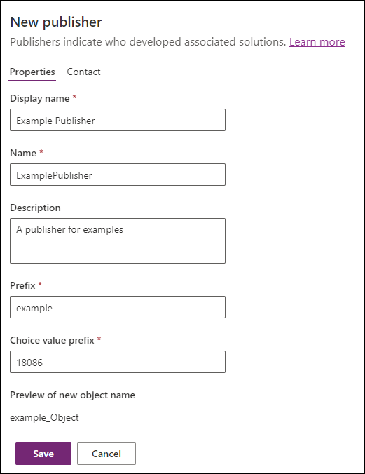 Formulaire pour créer un nouvel éditeur avec des informations pour Example Publisher