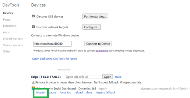 Capture d’écran de la page d’inspection de Microsoft Edge DevTools montrant les options de connexion d’appareil Windows distantes.