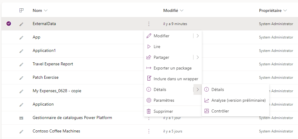 Capture d’écran de Power Apps avec le menu contextuel ouvert, montrant Monitor dans le menu.
