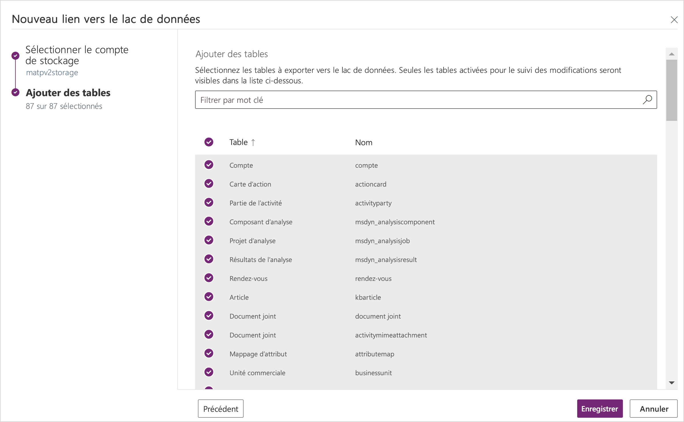 Sélectionner les tables pour l'exportation.