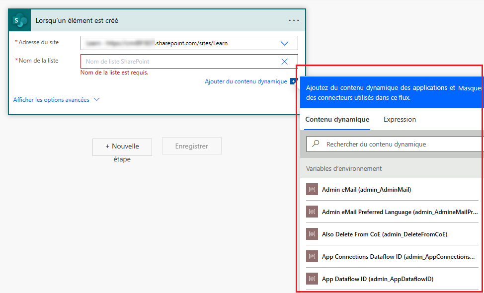 Sélectionnez une variable d’environnement à ajouter à un déclencheur ou une action de flux cloud.