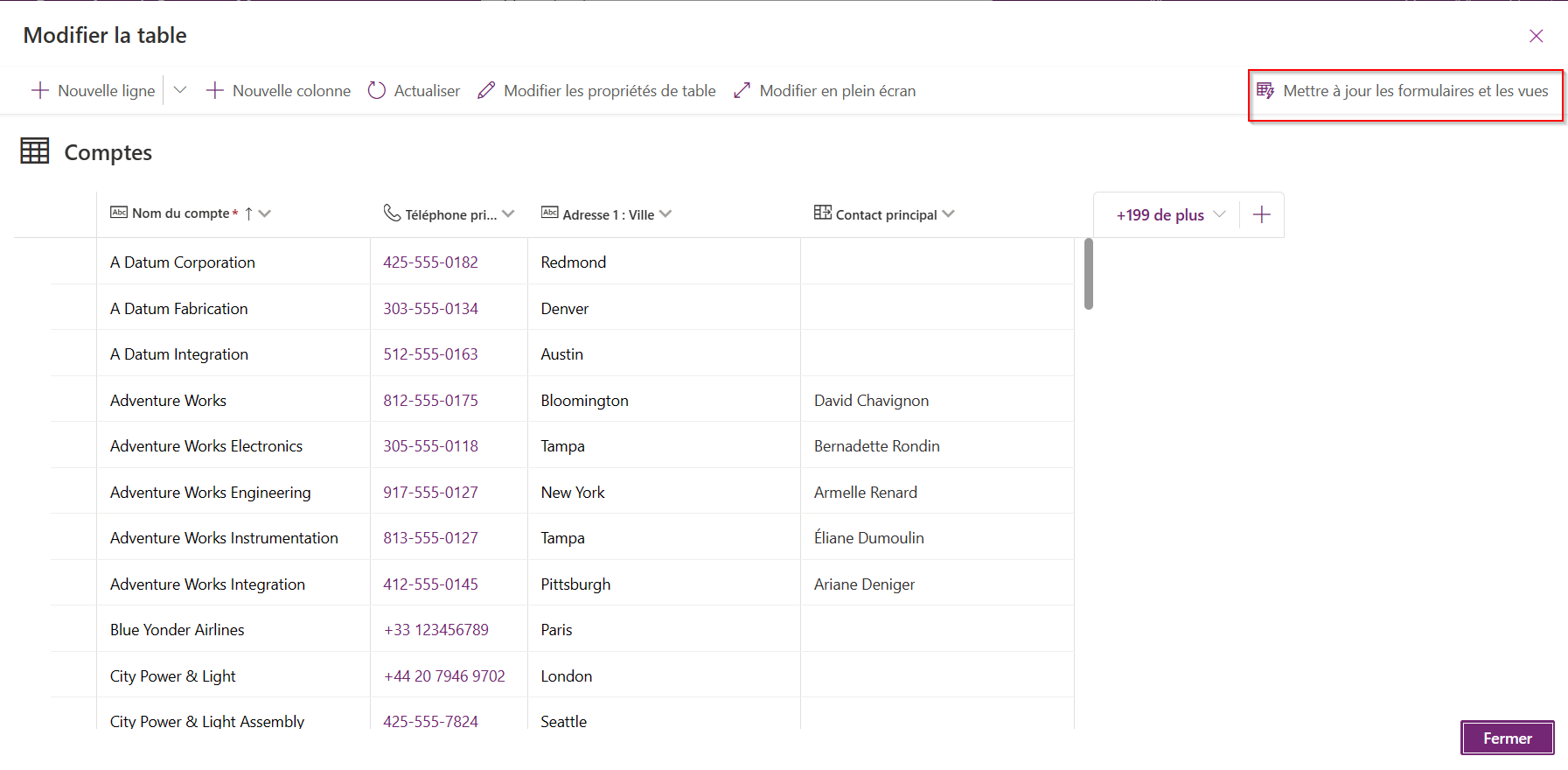 Mettre à jour l’option formulaires et vues dans le concepteur de tables inline.