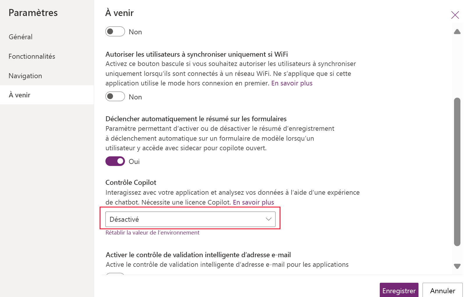 Screenshot qui montre comment désactiver Copilot conversation dans une application pilotée par modèle.