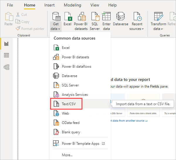 Capture d’écran du ruban Obtenir des données dans Power BI Desktop, montrant la sélection CSV.