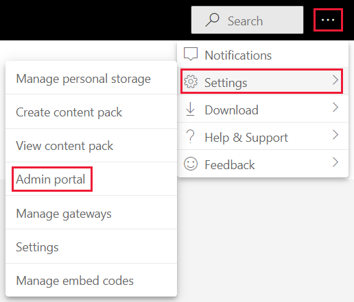 Capture d’écran montrant l’option de menu Paramètres d’administration dans le menu des paramètres du service Power&nbsp;BI.