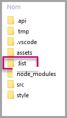 Capture d’écran de l’Explorateur Windows, qui montre la hiérarchie de dossiers du projet visuel Power BI. Le dossier dist est mis en surbrillance.