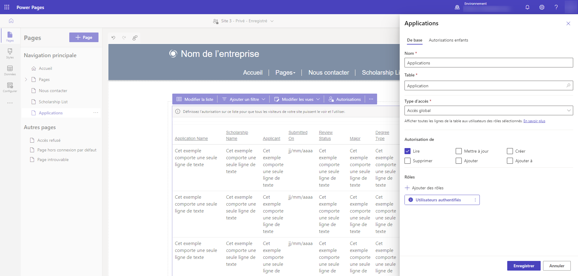 Capture d’écran montrant la création d’une autorisation de table pour une table avec recherche de contact.