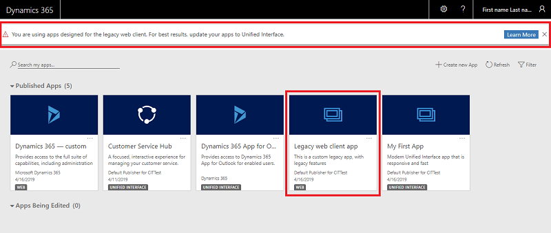 Message&nbsp;: utilisation d’applications pour un client Web hérité.