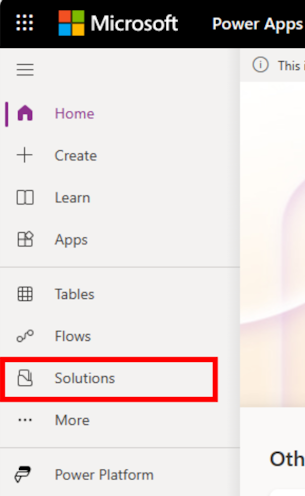 Capture d’écran de la page d’accueil Power Apps avec la sélection solutions mise en évidence.