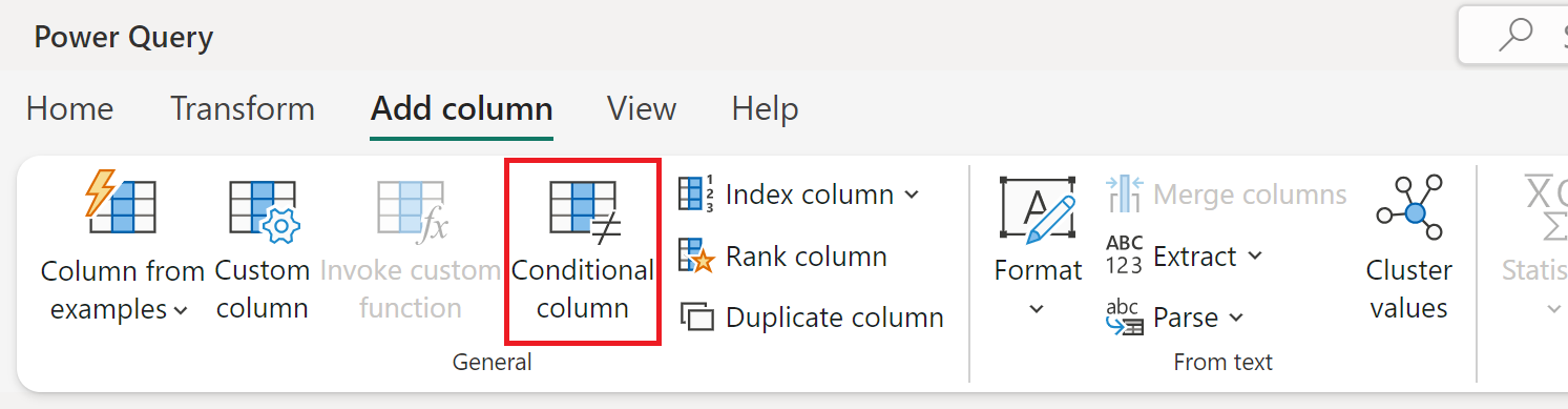 Capture d’écran du ruban Power Query avec l’onglet Ajouter une colonne ouverte et l’option de colonne conditionnelle mise en évidence.