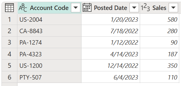 Capture d’écran d’un exemple de tableau contenant des codes de compte commençant par deux ou trois caractères différents.