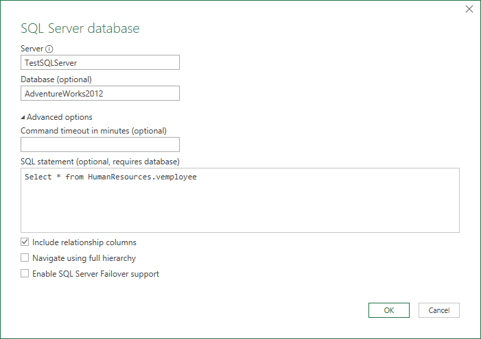 Capture d’écran de la boîte de dialogue base de données SQL Server avec une requête de base de données native.