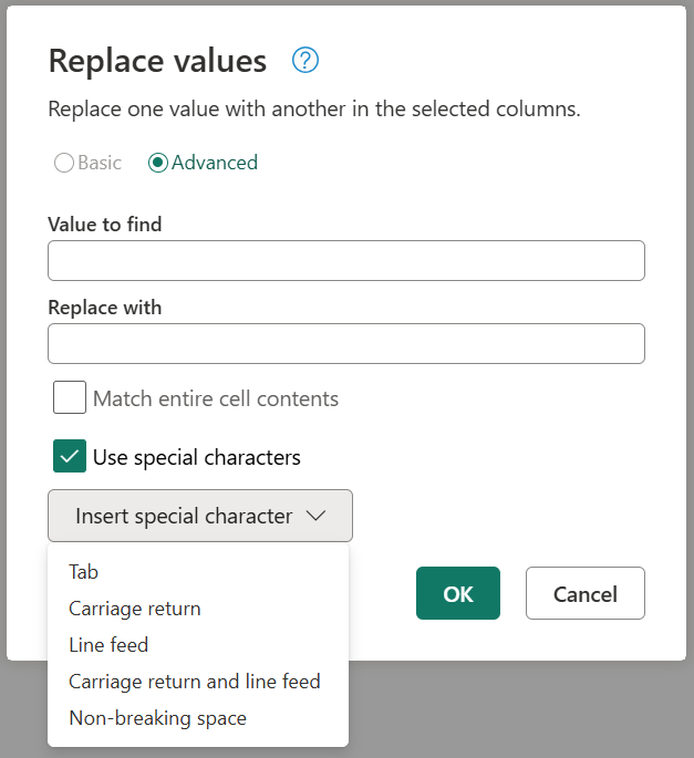 Capture d’écran des options avancées pour remplacer les valeurs avec l’option des caractères spéciaux sélectionnée.
