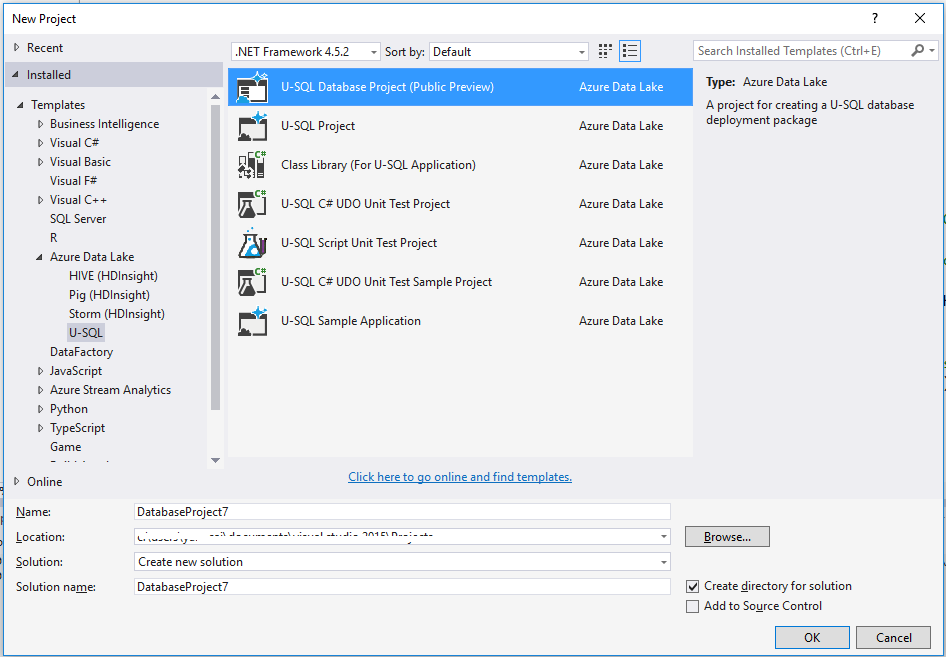 Data Lake Tools pour Visual Studio--créer un projet de base de données U-SQL