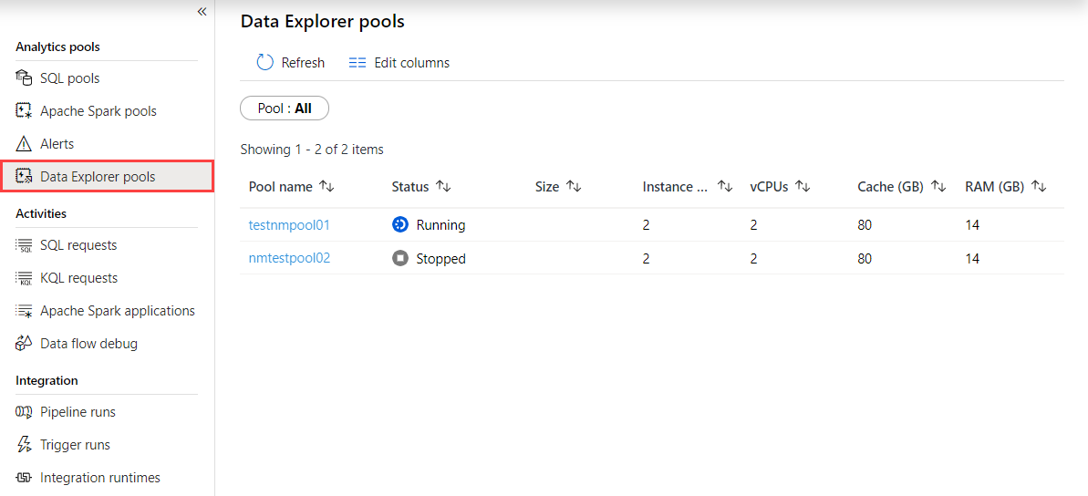 Sélectionner des pools Data Explorer