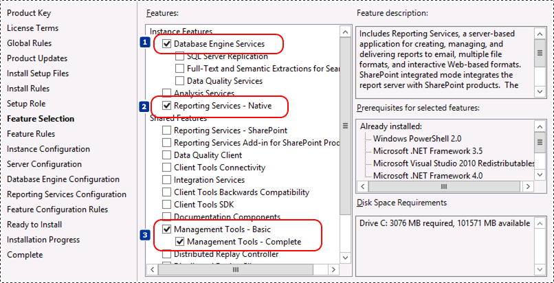 SSRS Mode Natif dans la sélection de fonctionnalités